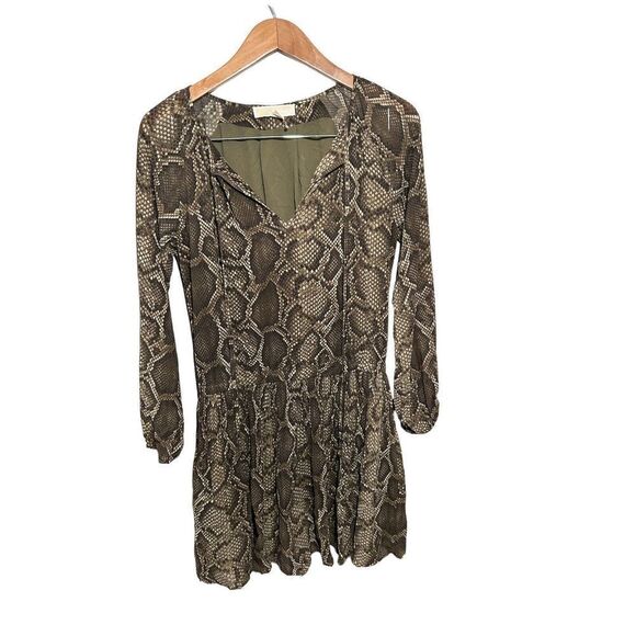 Michael Kors Snake Print Dress Small Long Sleeve Pleats Neck Tie Brown - Picture 1 of 6